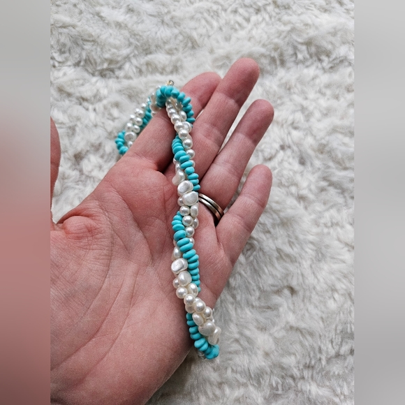 Vintage Avon Faux Turquoise Pearl Torsade Intertwined Rope Necklace, Choker - Picture 3 of 7